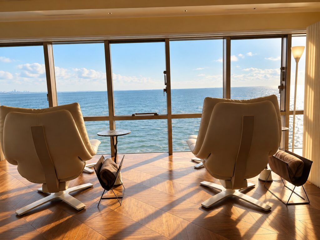 Two lounge chairs facing panoramic sea views through floor-to-ceiling windows at THE PASONA Natureverse Retreat on Awaji Island, Japan.