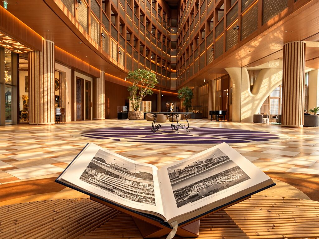 Grand timber-framed interior with soaring wooden beams and an open brochure at Pasona Natureverse Retreat on Awaji Island, Japan.